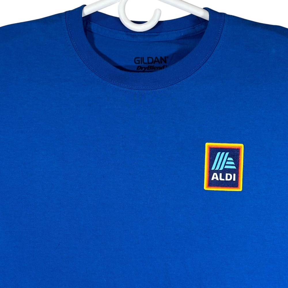 Aldi Employee Catch Me If You Can Blue Long Sleeve Graphic Shirt Gildan Medium